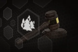 3D render of a wooden gavel next to a glowing hexagon icon of burning trees symbolizing environmental law forestry legislation and forest fire protection legal regulation