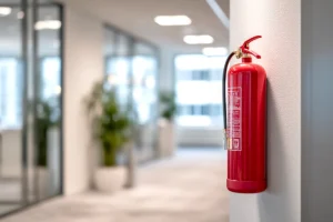 A bright red fire extinguisher hangs on a clean, modern office wall. It stands as a crucial safety feature in a well-lit, open workspace. A bright red fire extinguisher hangs on a clean, modern office wall. It stands as a crucial safety feature in a well-lit, open workspace.