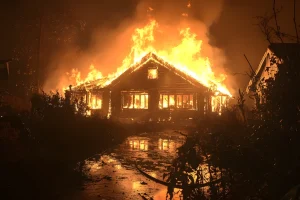 A wooden house in a secluded village is engulfed in flames, the night sky illuminated by the blaze, a tragic loss with potential insurance claims
