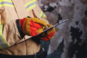 Fireman inspector conducts investigation to determine circumstances of fire in house and uses clipboard for report incident. Concept Insurance payments and checklist Fireman inspector conducts investigation to determine circumstances of fire in house and uses clipboard for report incident. Concept Insurance payments and checklist