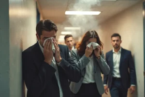Office workers evacuate hallway covered in smoke. People use tissues to cover faces from fumes. They seek safety away from building fire emergency. Office workers evacuate hallway covered in smoke. People use tissues to cover faces from fumes. They seek safety away from building fire emergency.