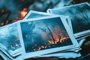 Polaroid photos of fire incident, investigation case.