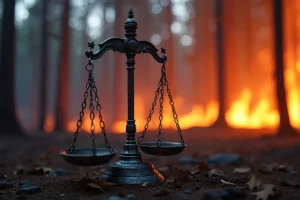 Scales of justice in burning forest, environmental law concept. Wildfire destroying nature. Climate change impact. Ecological disaster. Global warming issue. Deforestation causes ecosystem damage.