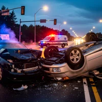 a-twocar-accident-at-night-on-a-wet-road-with-one-car-overturned-and-the-other-damaged a-twocar-accident-at-night-on-a-wet-road-with-one-car-overturned-and-the-other-damaged