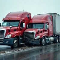 two-red-semitrucks-with-damage-on-their-front-ends-collide-on-a-wet