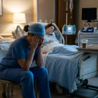 exhausted-nurse-sitting-with-head-in-hand-during-night-shift-in-hospital-maternity-ward