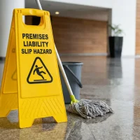 premises-liability-slip-hazard-sign-on-a-freshly-mopped-shiny-floor-in-a-building-lobby