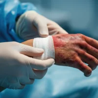 a-nurse-or-medical-professional-bandages-a-severely-burned-hand