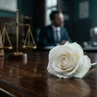 a-white-flower-on-a-wooden-table-with-a-blurred-family-photo-and-scales-of-justice