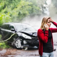 a-young-woman-with-smartphone-by-the-damaged-car-after-a-car-accident
