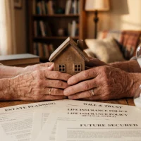 elderly-couple-planning-estate-and-future-with-house-model-and-documents