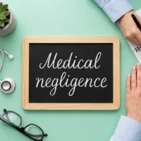 a-chalkboard-displays-the-term-medical-negligence-next-to-a-stethoscope-and-a-person-writing-notes