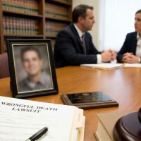framed-photo-on-lawyer-desk-with-legal-file-gavel-and-attorney-consulting-family-about-wrongful-death-claim-and-compensation