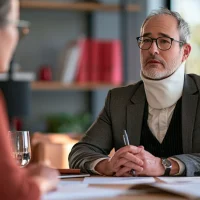 man-wearing-neck-brace-in-business-meeting-discussing-legal-or-medical-case-with-colleague