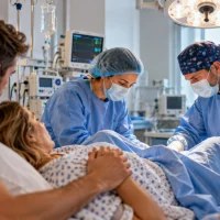 medical-team-performing-a-childbirth-delivery-procedure-with-a-mother-and-her-partner-in-a-hospital