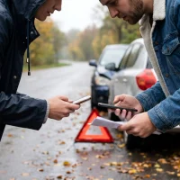 two-men-discussing-smartphone-while-standing-by-broken-car-on-road